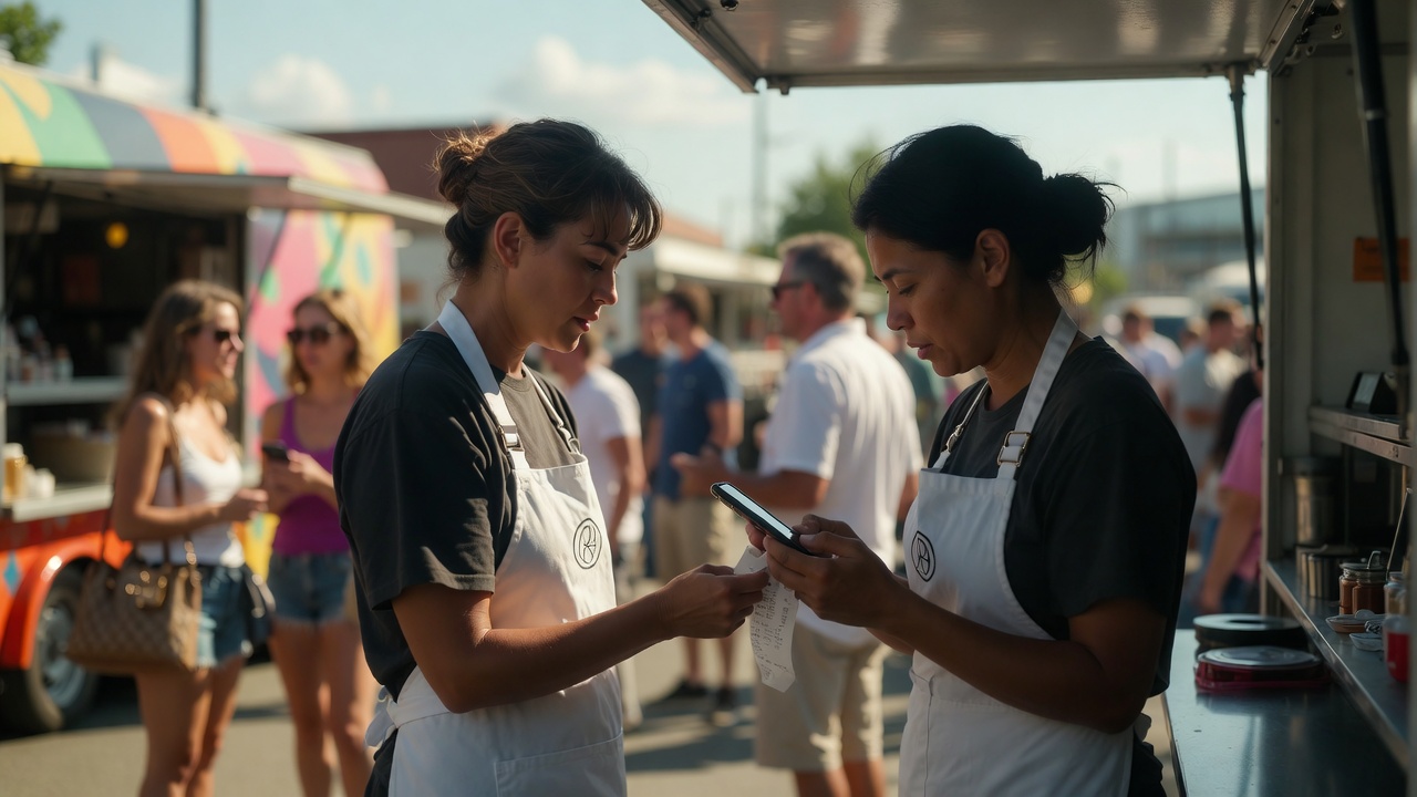 Food truck operators scanning receipt