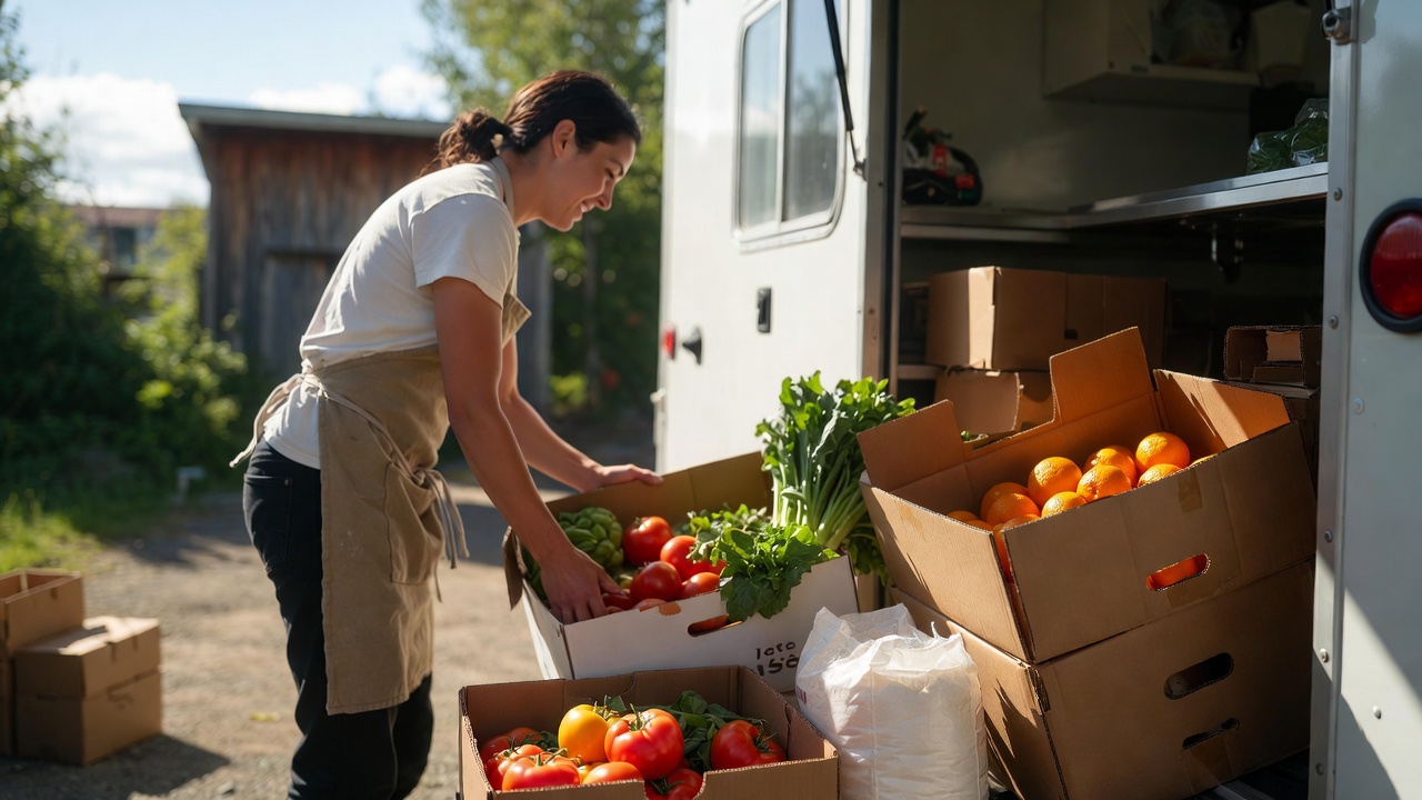 Food truck operator unloading supplies